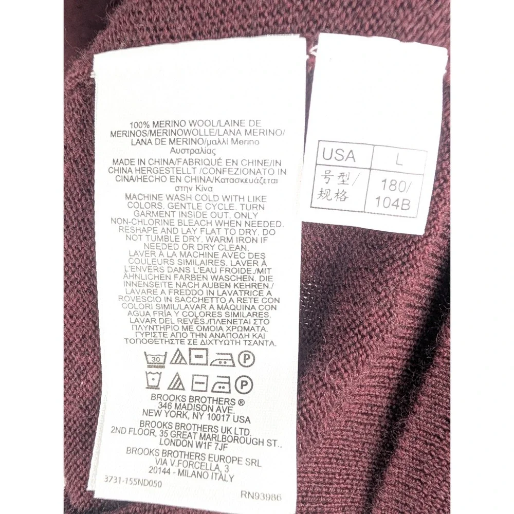 New‎ Brooks Brothers Sweater Mens Large Burgundy V-Neck Merino Wool Pullover
